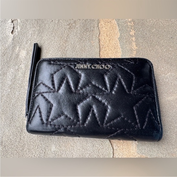 Jimmy Choo Black Leather Star Embossed Wristlet